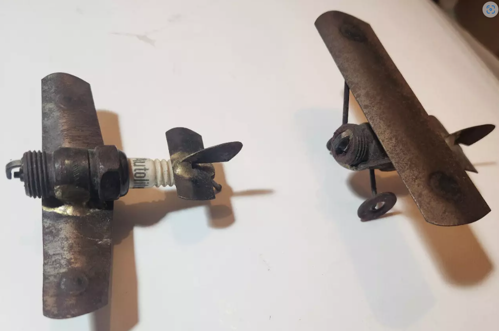 2 Airplanes Recycled Metal Folk Art Hand Made Spark Plug Aviation